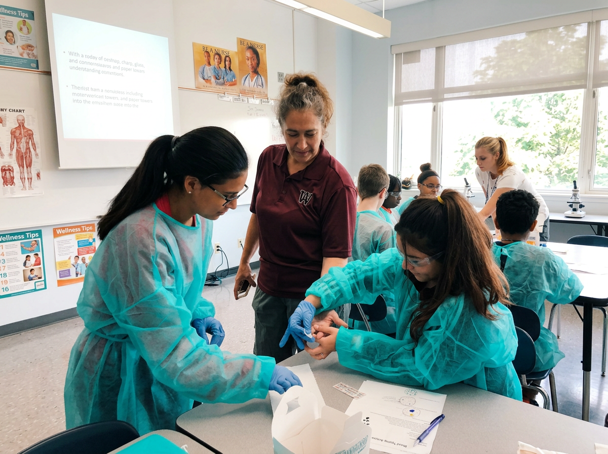 Students in scrubs practicing clinical skills with an advisor
