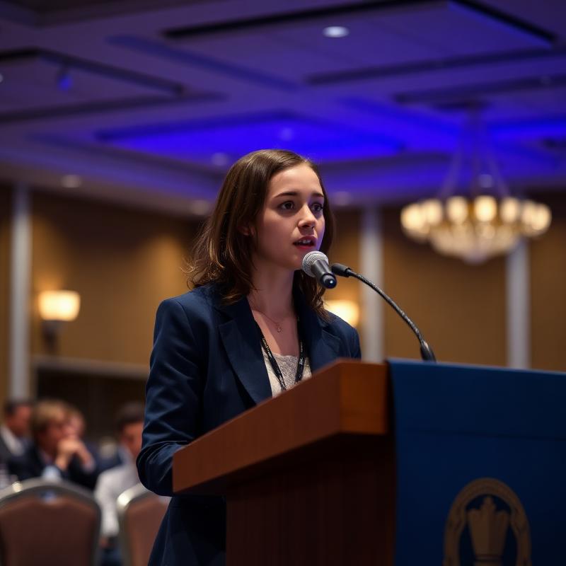 A member speaks at a podium during a general session