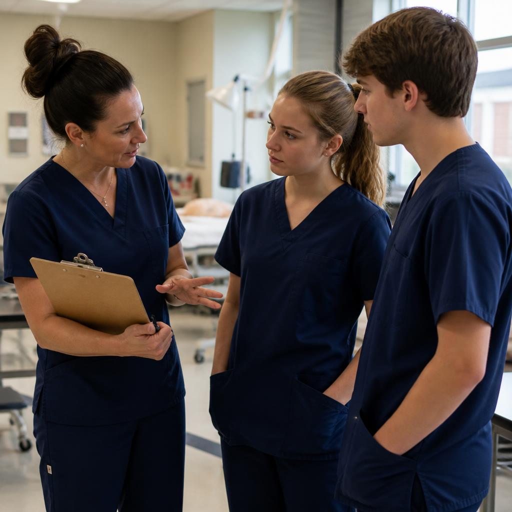 An advisor coaches students before a competitive event