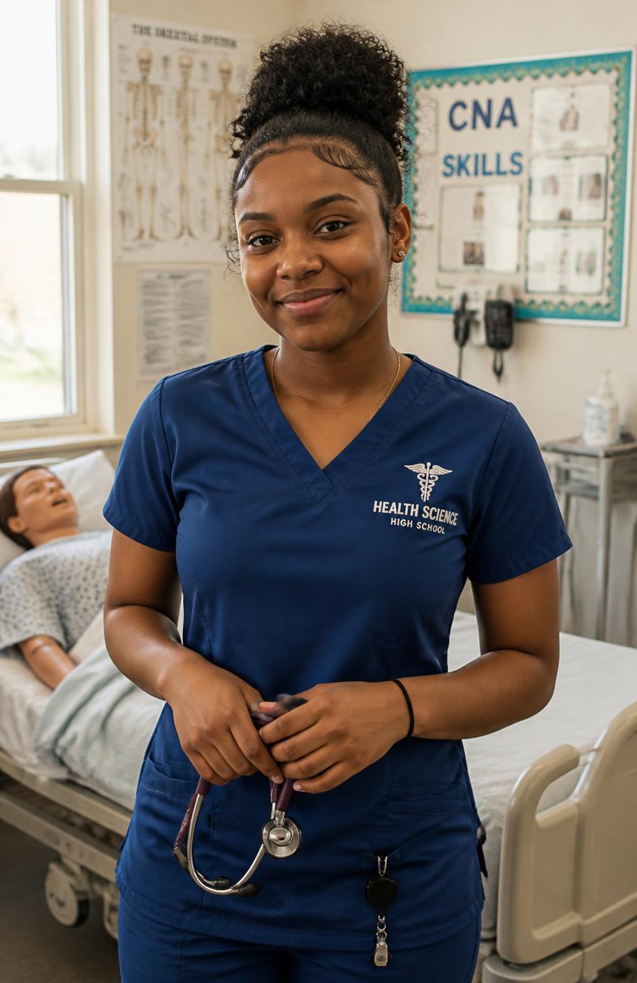 An Illinois HOSA member in scrubs in a school clinical skills lab